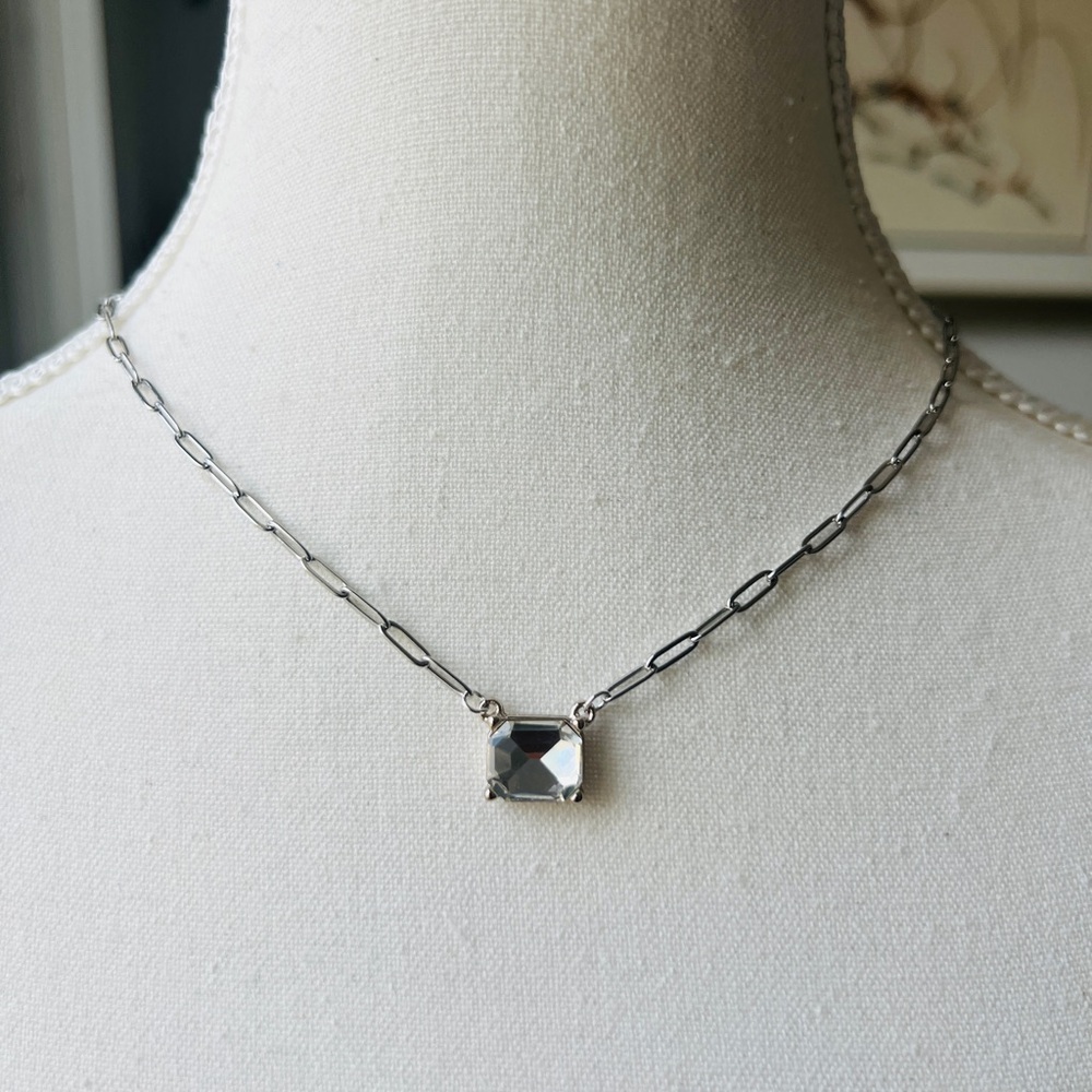 Dainty Silver Plated Flat Paper Chain with Clear Faux Crystal Rectangle